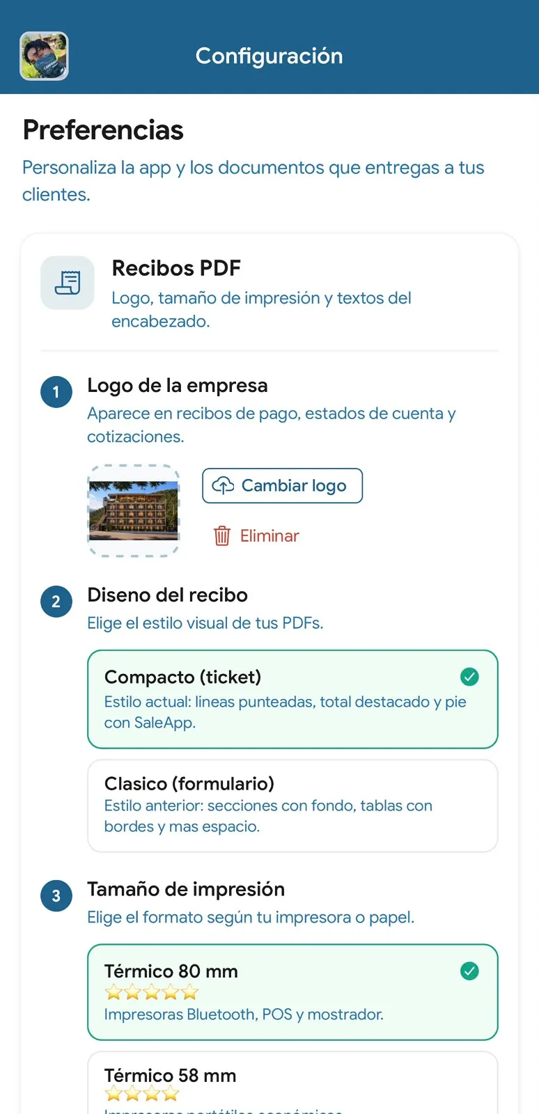 SALE - Configuración y recibos